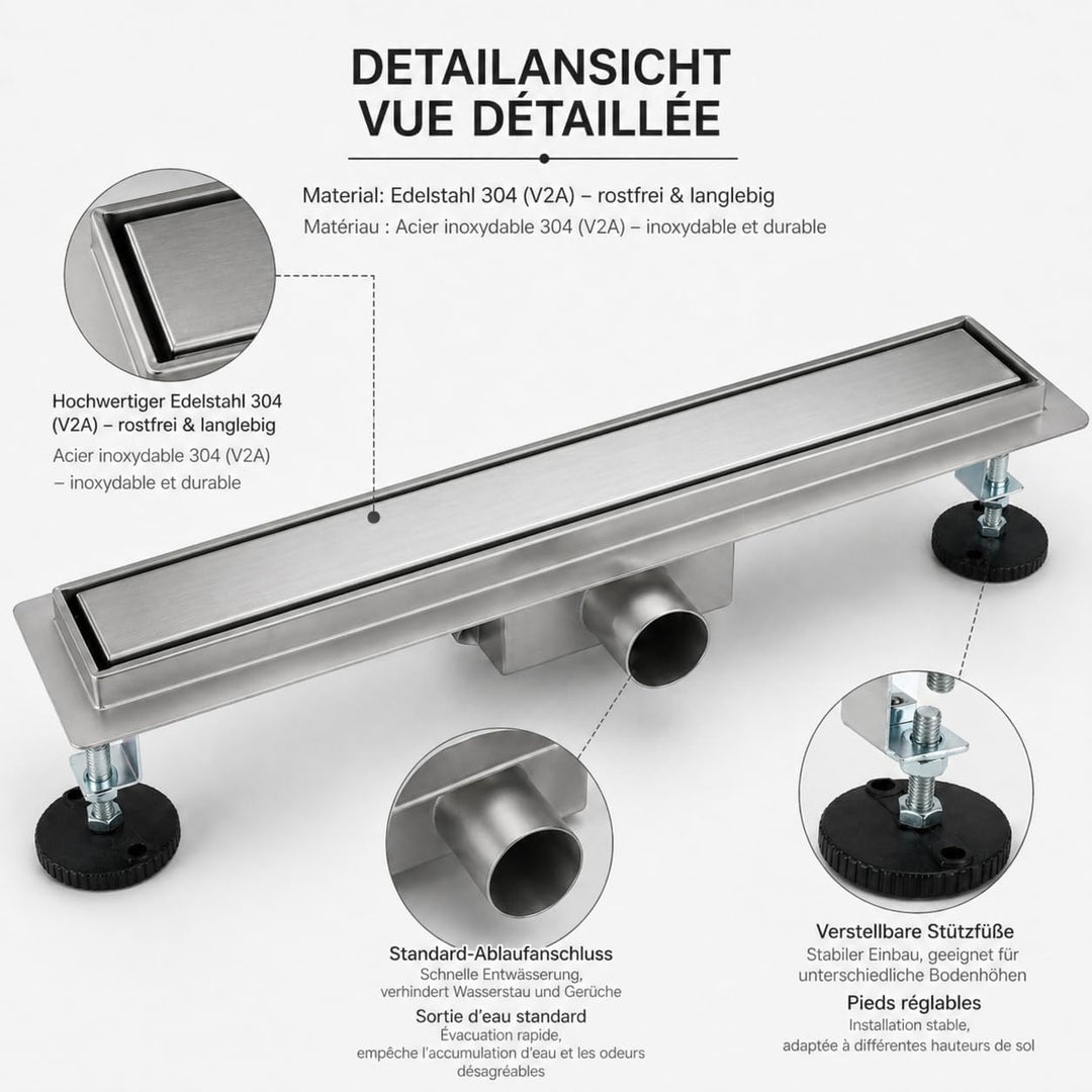 Duschrinne 40 cm Komplettset, Edelstahl 304 Ablaufrinne, Extra Flache befliesbare Duschrinne mit Haa