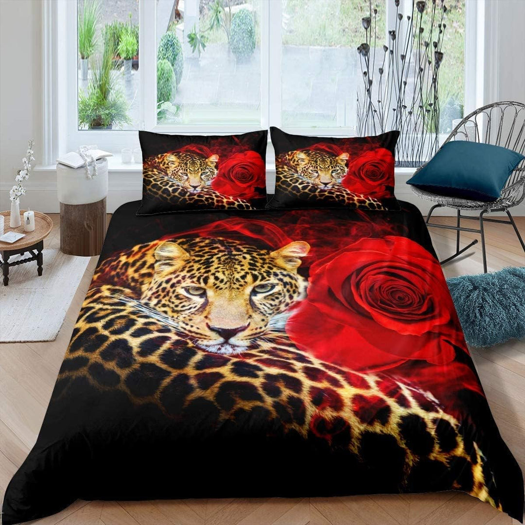Loussiesd Leopard-Bettwäsche-Set für Mädchen, Jungen Kinder rote Rose Bettwäsche 135x200cm dekorativ