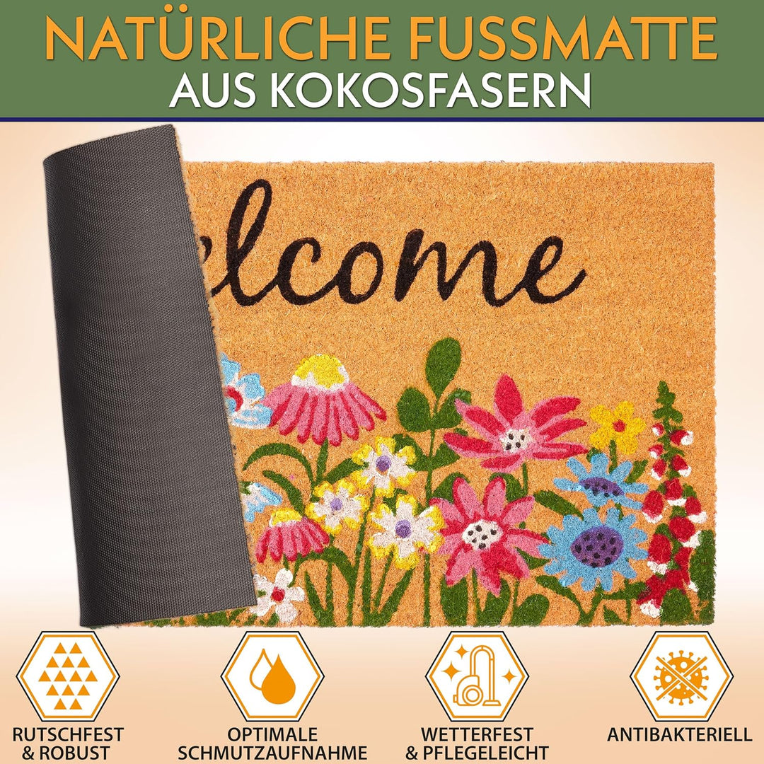 BRUBAKER Fussmatte für Aussen und Innen - Welcome Blumenwiese - 45 x 75 cm Blumen Schmutzfangmatte a