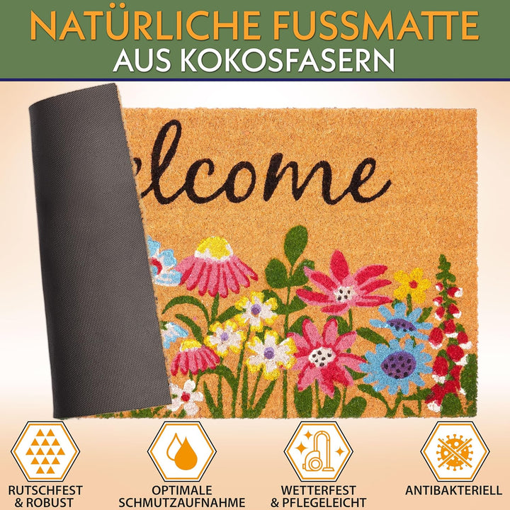 BRUBAKER Fussmatte für Aussen und Innen - Welcome Blumenwiese - 45 x 75 cm Blumen Schmutzfangmatte a