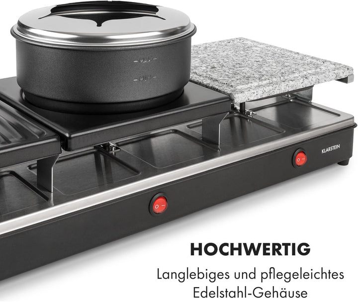 Klarstein Fonduelette XL - 3-in-1 Raclette-Grill & Fondue, 1650 Watt, 3-in-1 Grill: Metall- /Naturst