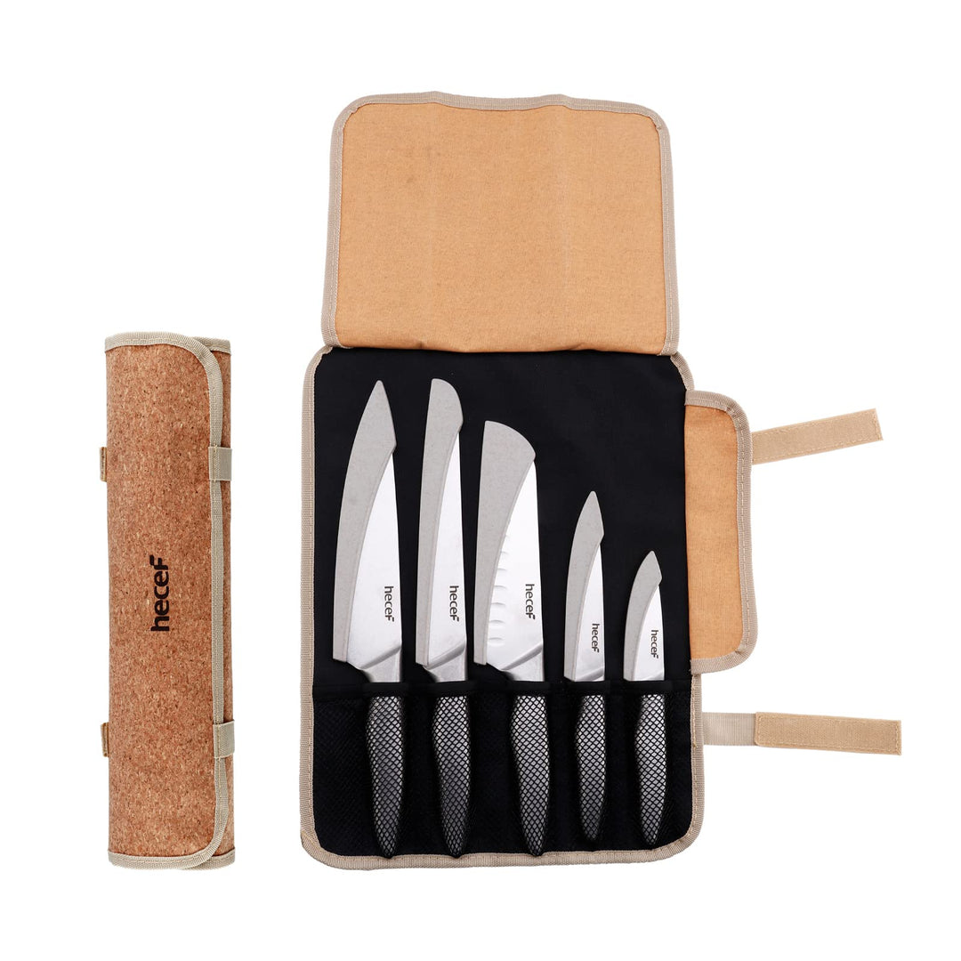 hecef Messerset mit 5 Slots Rolltasche und Messerscheide, Weinlese Stonewashed Edelstahl Messer Set