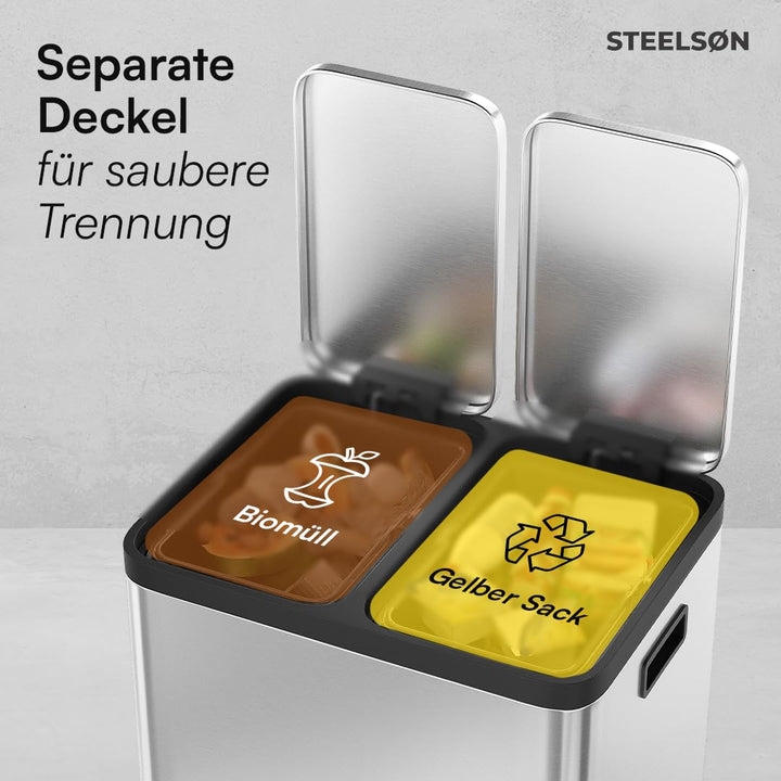 STEELSØN Epsilon Mülleimer 2 Fächer – Mülltrennsystem Küche 2x15L aus Edelstahl Silber – Tretmülleim