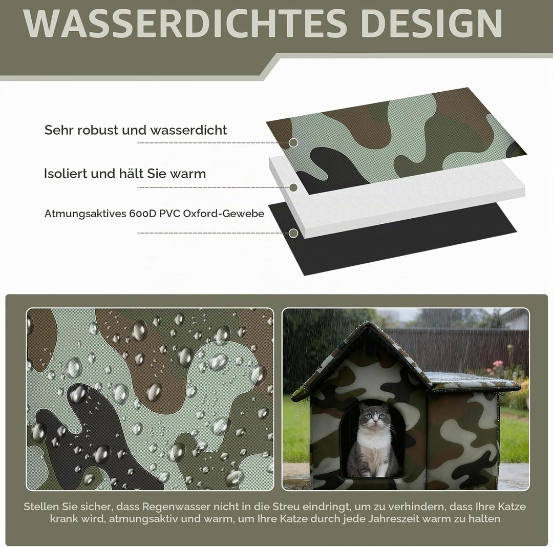QEEYON Katzenhaus Outdoor, Winterfeste Katzenhöhle für Draussen - Wasserdicht &amp; Wetterfest, Faltbare