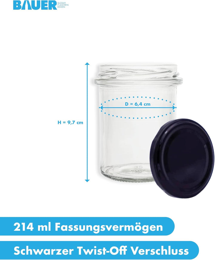 flaschenbauer.de BAUER 24er Set Sturzgläser 214 ml inkl. Schwarze Twist Off Deckel TO66 zum Einmache