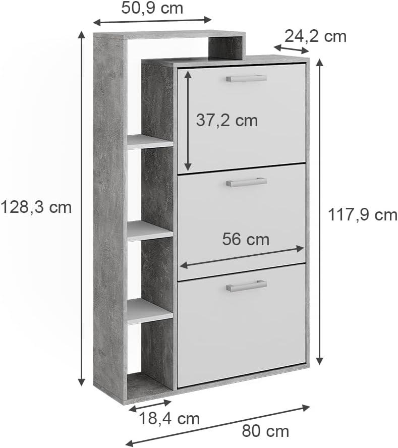 Vicco Schuhkommode Orlando, Schuhregal, Beton, 80 x 128.3 cm mit 3 Fächern Weiss/Beton, Weiss/Beton