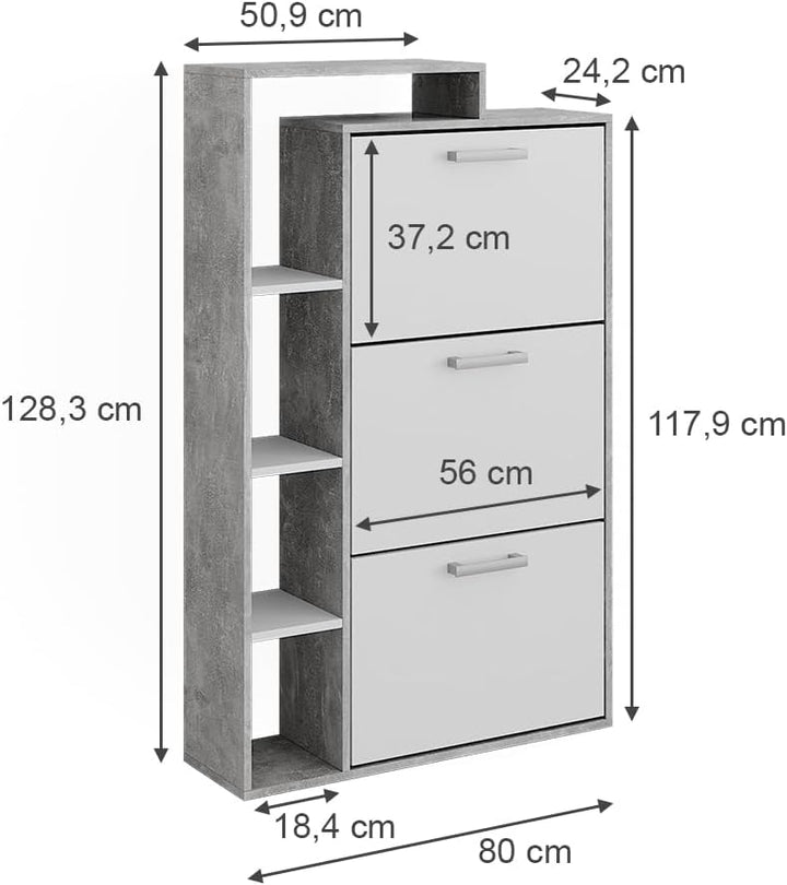 Vicco Schuhkommode Orlando, Schuhregal, Beton, 80 x 128.3 cm mit 3 Fächern Weiss/Beton, Weiss/Beton