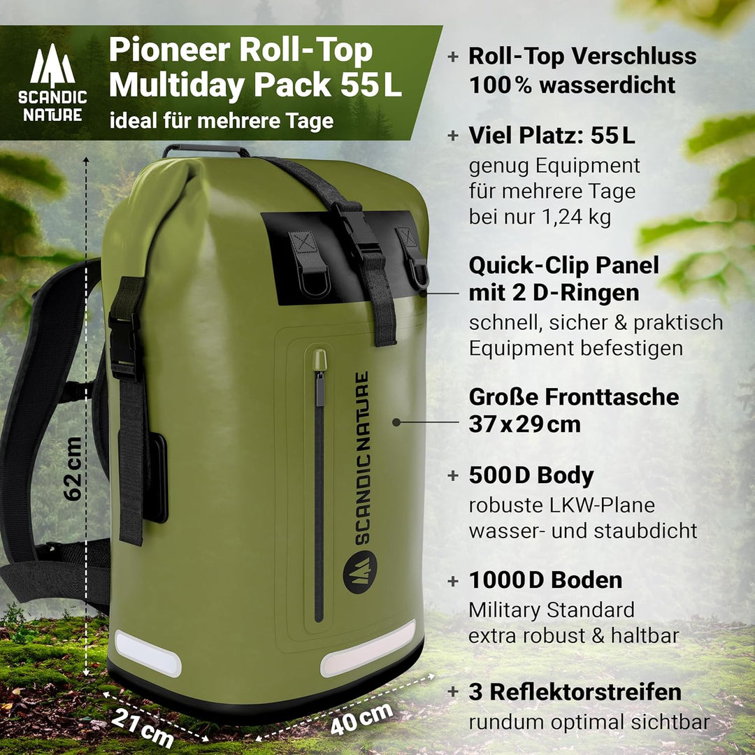 PIONEER wasserdichter Rucksack mit Rolltop Verschluss 35L 55L schwarz gelb oliv-grün - extra robust