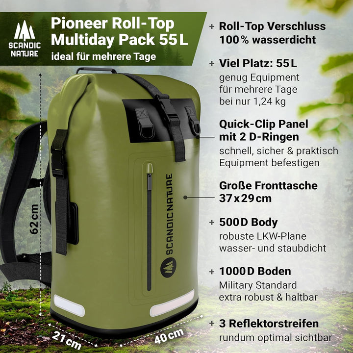 PIONEER wasserdichter Rucksack mit Rolltop Verschluss 35L 55L schwarz gelb oliv-grün - extra robust