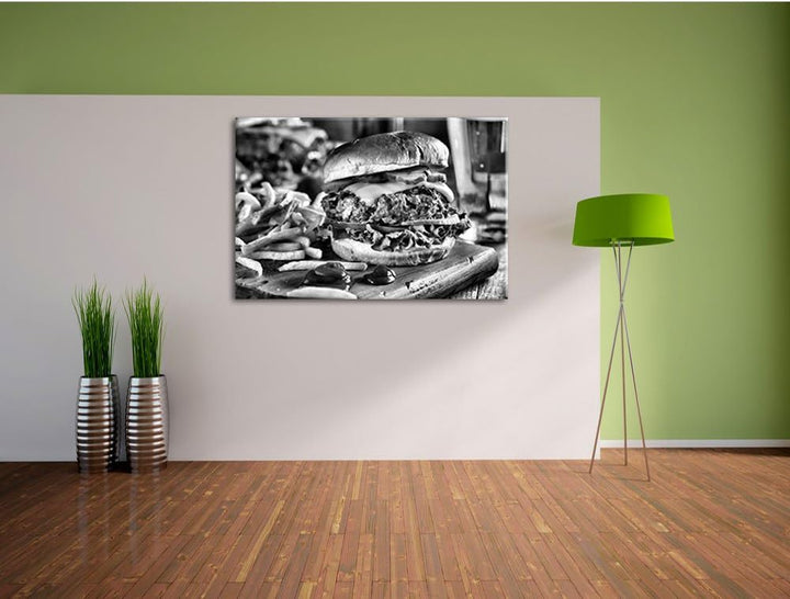 Pixxprint Saftiger Chili Cheese Burger als Leinwandbild/Grösse: 100x70 cm/Wandbild/Kunstdruck/fertig