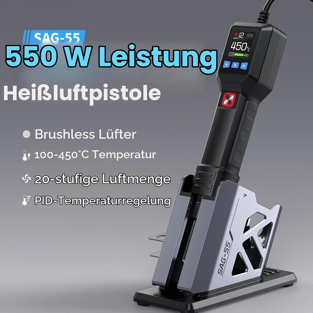 Heissluftpistol, Heissluftgebläse 550W 100°C bis 450°C 20 Einstellbare Windgeschwindigkeiten mit 1 D
