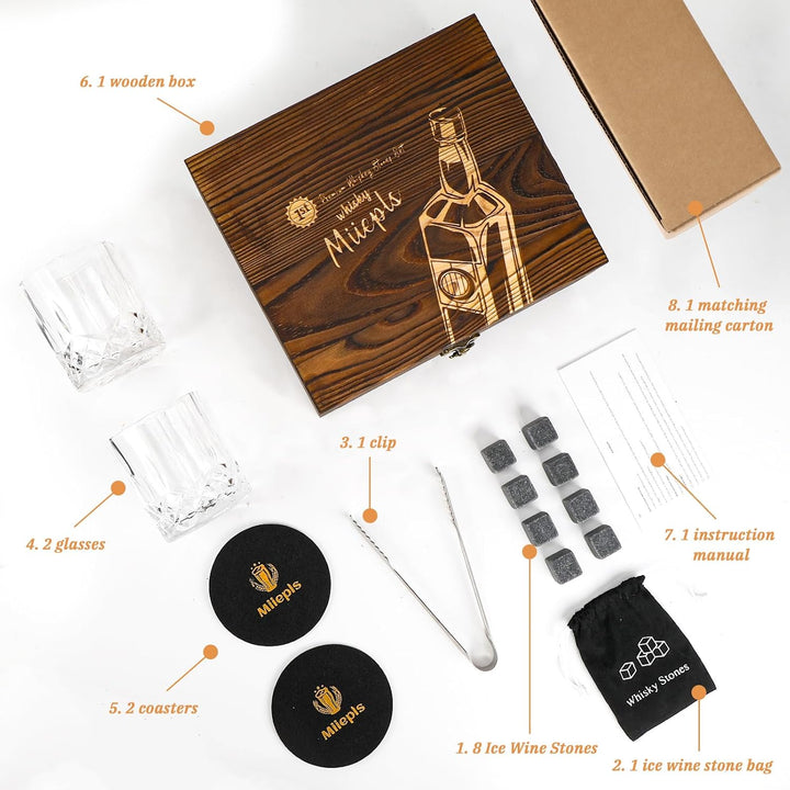 Whisky, Whisky Gläser Set, Whisky Steine Geschenkset, 8 Whiskey Steine & 2 Twisted Whisky Gläser & 2