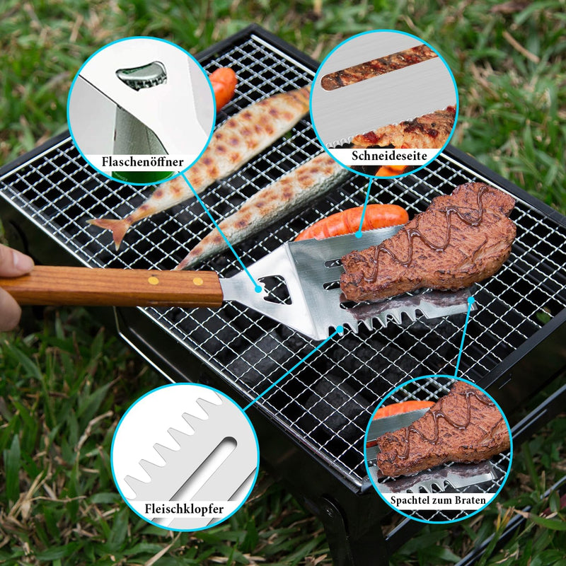 IMAGE BBQ Grillwerkzeuge 4 Stück Bestecksets mit Holzgriffen Edelstahl Grillzubehör mit Tragetasche