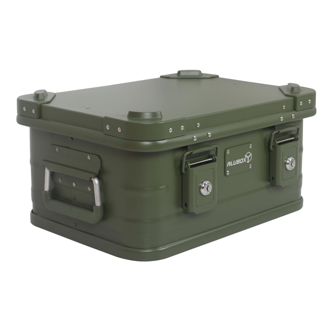 Alubox Alukiste abschliessbar E18G OLIVGRÜN - Premium Lagerbox 18 Liter - Materialstärke 1mm - Decke