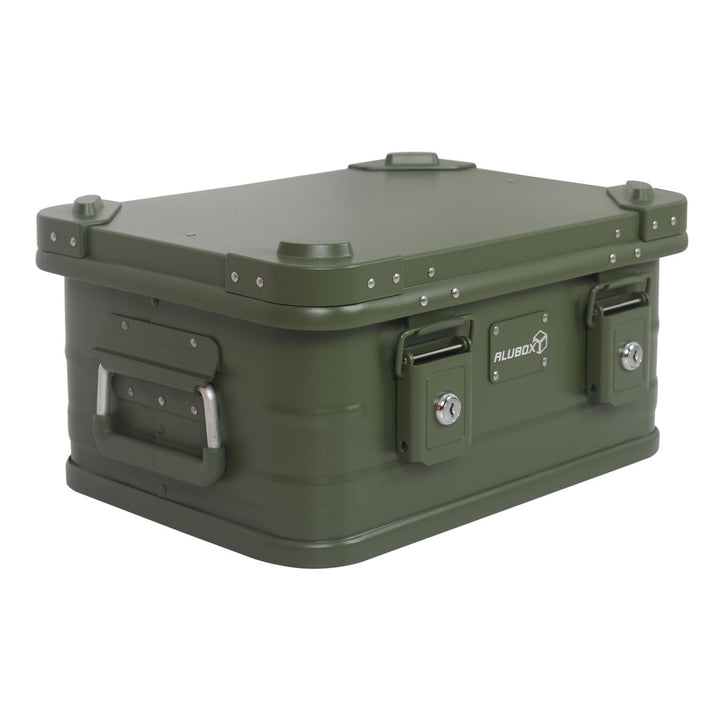Alubox Alukiste abschliessbar E18G OLIVGRÜN - Premium Lagerbox 18 Liter - Materialstärke 1mm - Decke