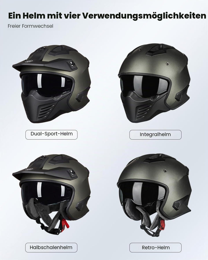 ILM Helm Motorrad Integralhelm Motocross Herren Damen Vintage Retro mit Visier ECE Model 726X XL Grü