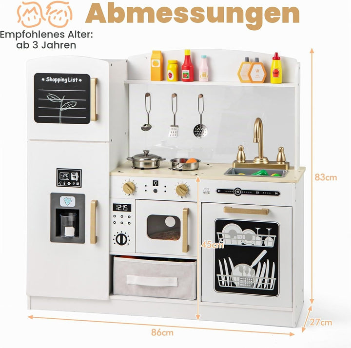 HOMASIS Kinderküche Holz, Spielküche mit beleuchteter Mikrowelle Herd Ofen Spüle Eismaschine Tafel A