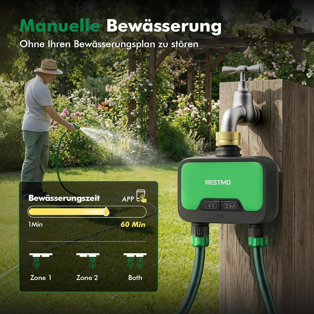 RESTMO 2 Zonen Bewässerungscomputer WLAN + RF Hub mit Durchflussmesser, Automatische Garten Bewässer