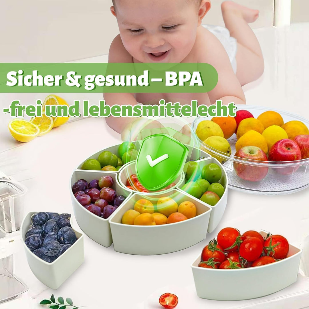 Snackle Box Drehbar mit Griff, 6 Herausnehmbare Fächer, Snackbox Spülmaschinenfest, Snackdose mit De