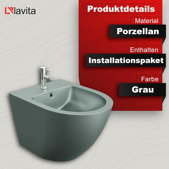 LAVITA Universal Wand-Bidet Sinto Grey mit Hahnloch und Überlaufschutz aus Keramik Sitzwaschbecken z