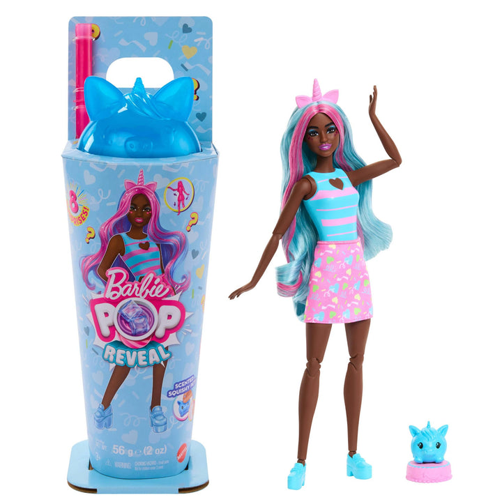 Barbie Pop Reveal Set aus Puppe und Accessoires, Shakes-Serie, duftende Einhorn-Modepuppe & Haustier