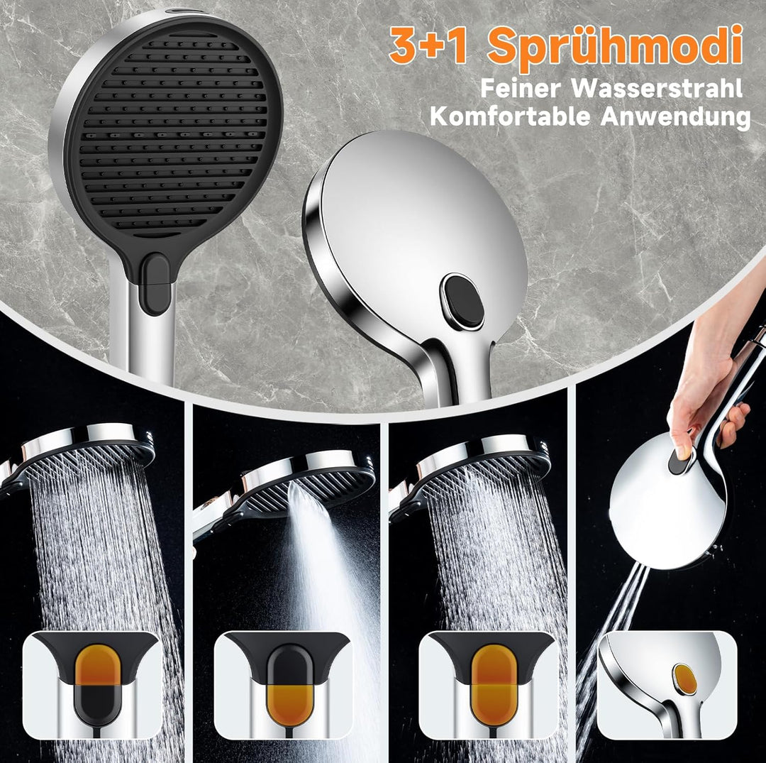 Ronvie Duschkopf Gross Φ140mm mit 3+1 Strahlarten, Wassersparender Hochdruck Sparduschkopf mit Druck