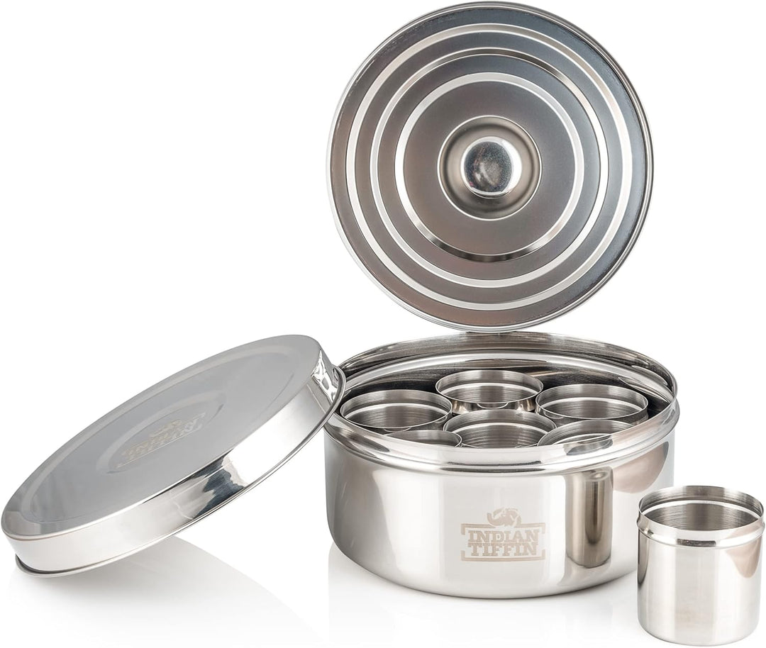 Indian Tiffin Masala Dabba Luftdichter Gewürzbehälter - Lebensmittelqualität aus Edelstahl - mit Gew