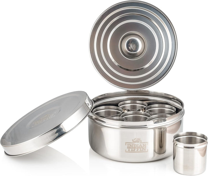 Indian Tiffin Masala Dabba Luftdichter Gewürzbehälter - Lebensmittelqualität aus Edelstahl - mit Gew