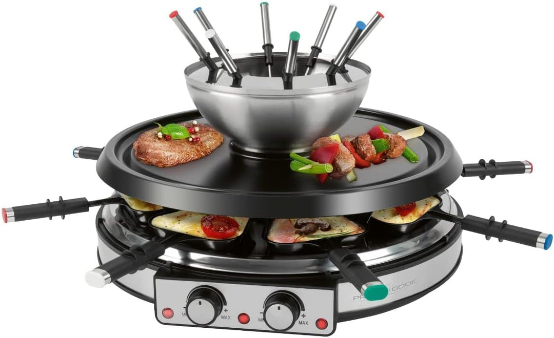 ProfiCook Raclette Fondue Kombination für 8 Personen, 2in1 elektrischer Tischgrill Set inkl. Spatel