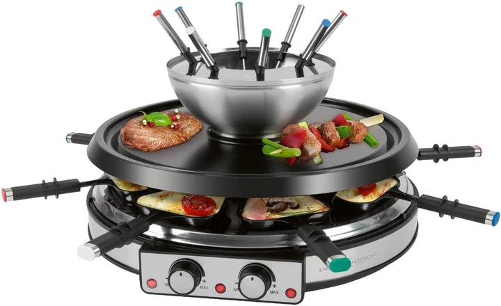 ProfiCook Raclette Fondue Kombination für 8 Personen, 2in1 elektrischer Tischgrill Set inkl. Spatel