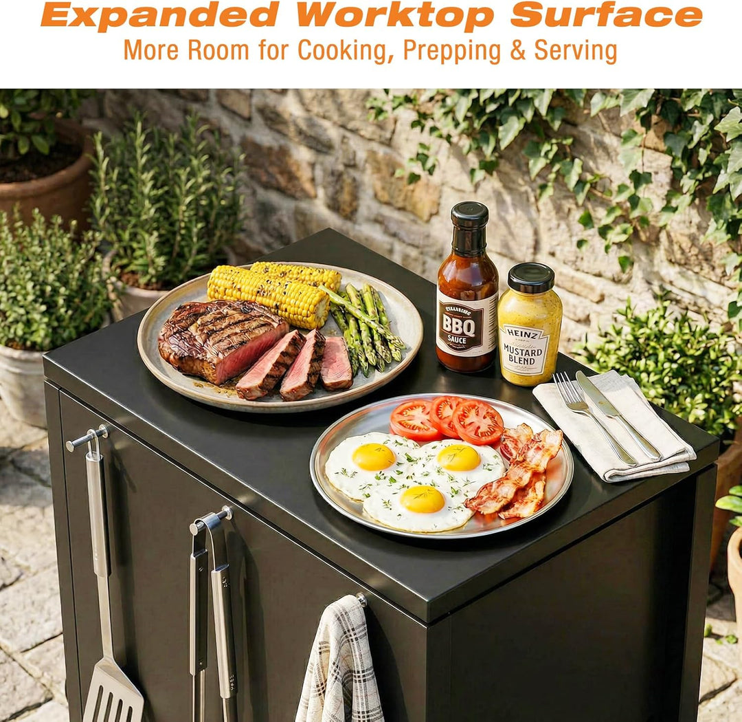 GFTIME Grillwagen mit Stauraum & Haken, Rollbarer Grilltrolley mit 4 Lenkrollen, Outdoor Beistelltis