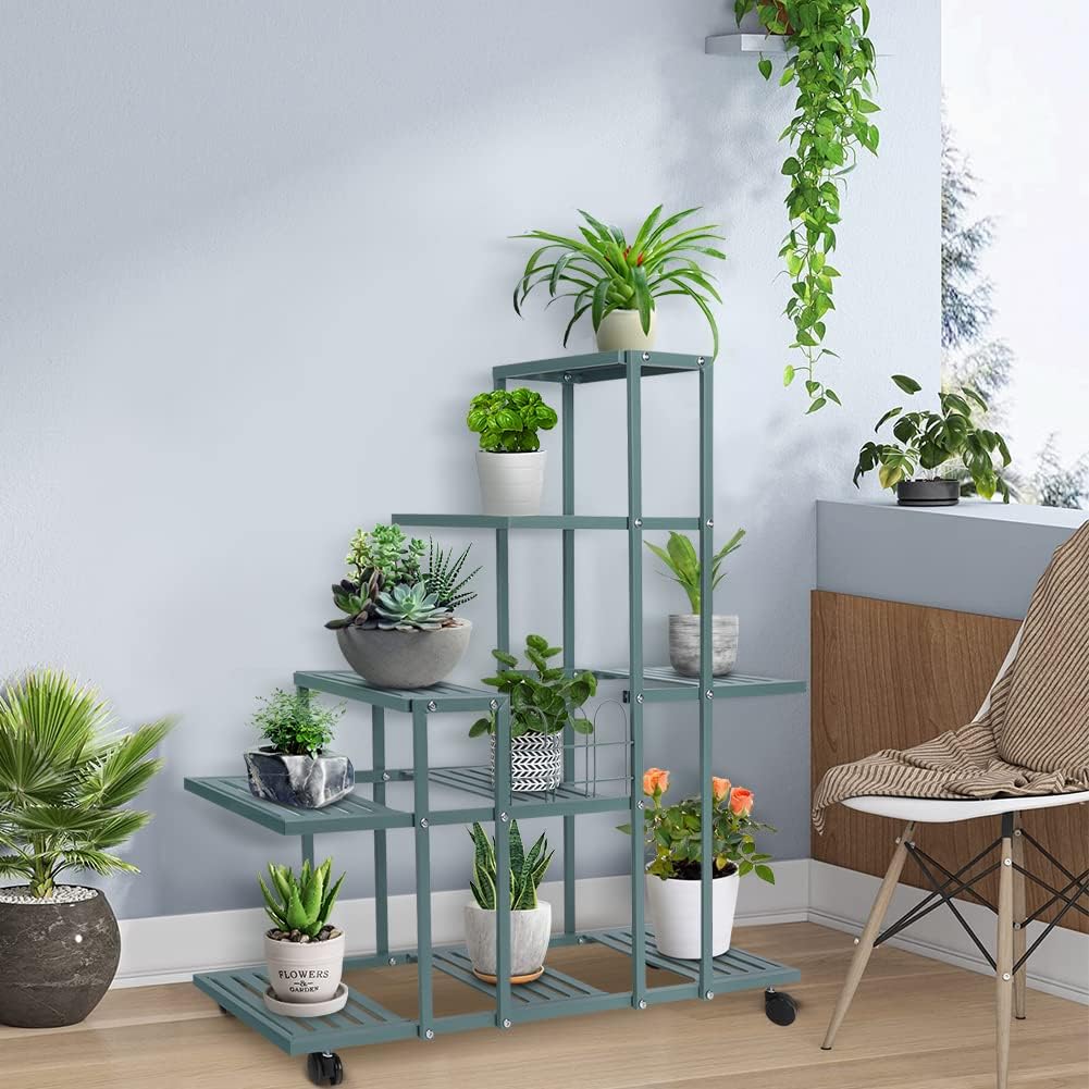 Wakects Pflanzenregal, Blumenregal für den Innenbereich aus Metall mit Rollen, dekoratives Regal für