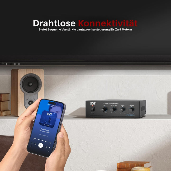 Pyle PA-Verstärker – 60W Bluetooth Amp mit 25/70V-Ausgang & 2 Mikrofoneingängen | Mit Bass-/Höhenreg