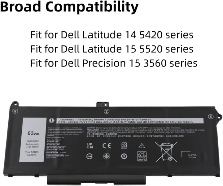 PUGASR RJ40G Laptop Akku Kompatibel mit Dell Latitude 14 5420 Latitude 15 5520 Precision 15 3560 Ser