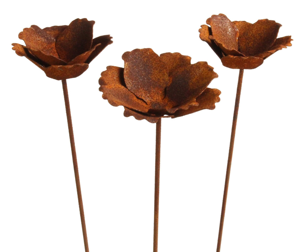 3er Set Rost Gartenstecker Mohn offen 74 cm hoch