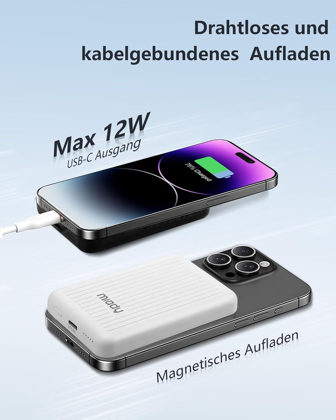 [2 Stück] Miady Powerbank für Magsafe, 5000mAh kabelloses magnetisches Ladegerät, ultradünner tragba
