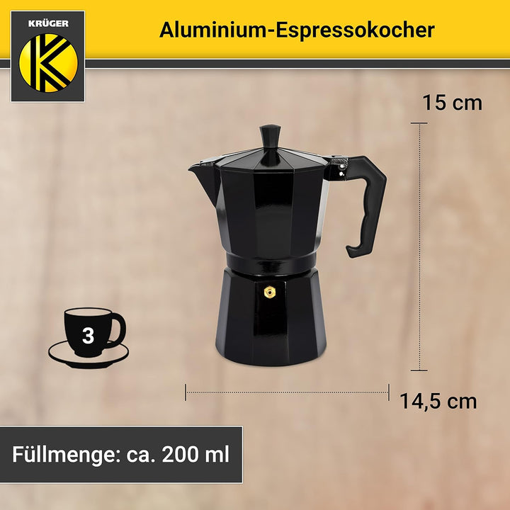 KRÜGER Aluminium-Espressokocher mit Silikon-Dichtring für 3 Tassen - schnelle und einfache Espresso-