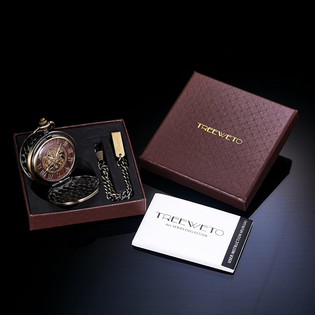 TREEWETO Unisex Taschenuhr mit Kette Analog Handaufzug Antik Skelett Römische Ziffern (Bronze054)