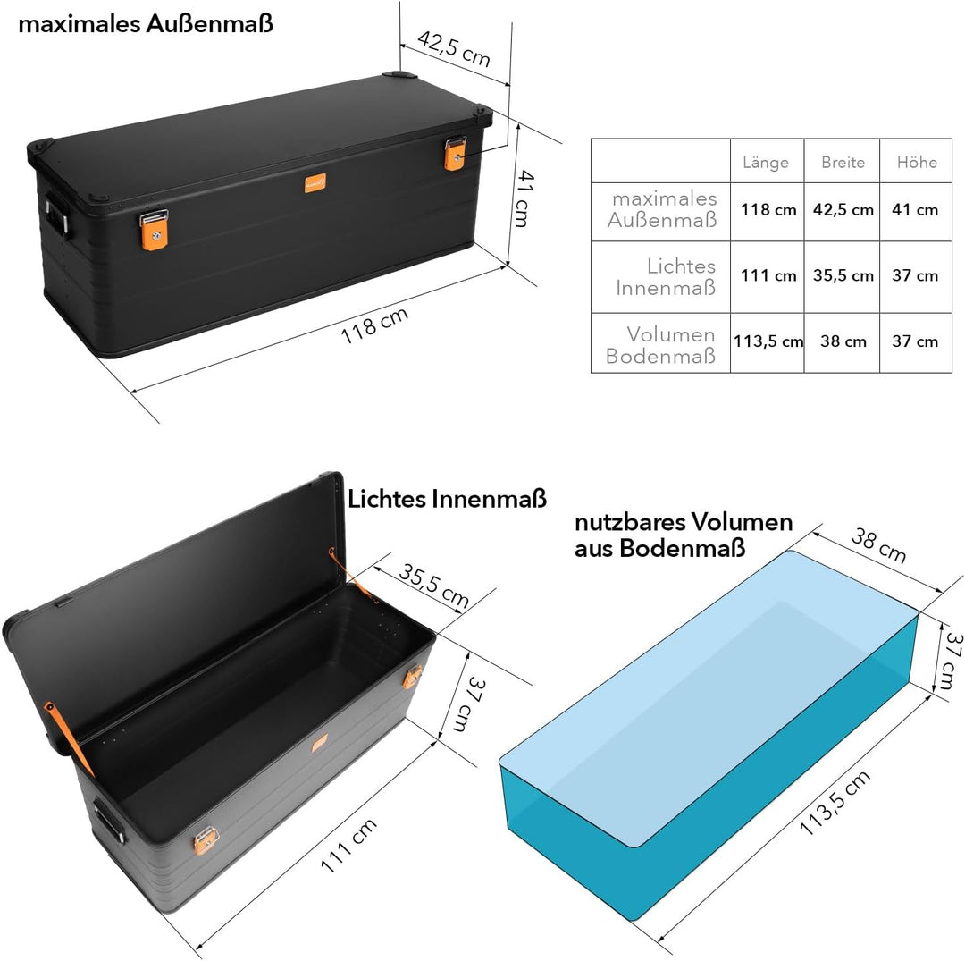 Alubox Alukiste abschliessbar E159B - Premium Aluminium Lagerbox 159 Liter - Deckel mit Aluminium Dr