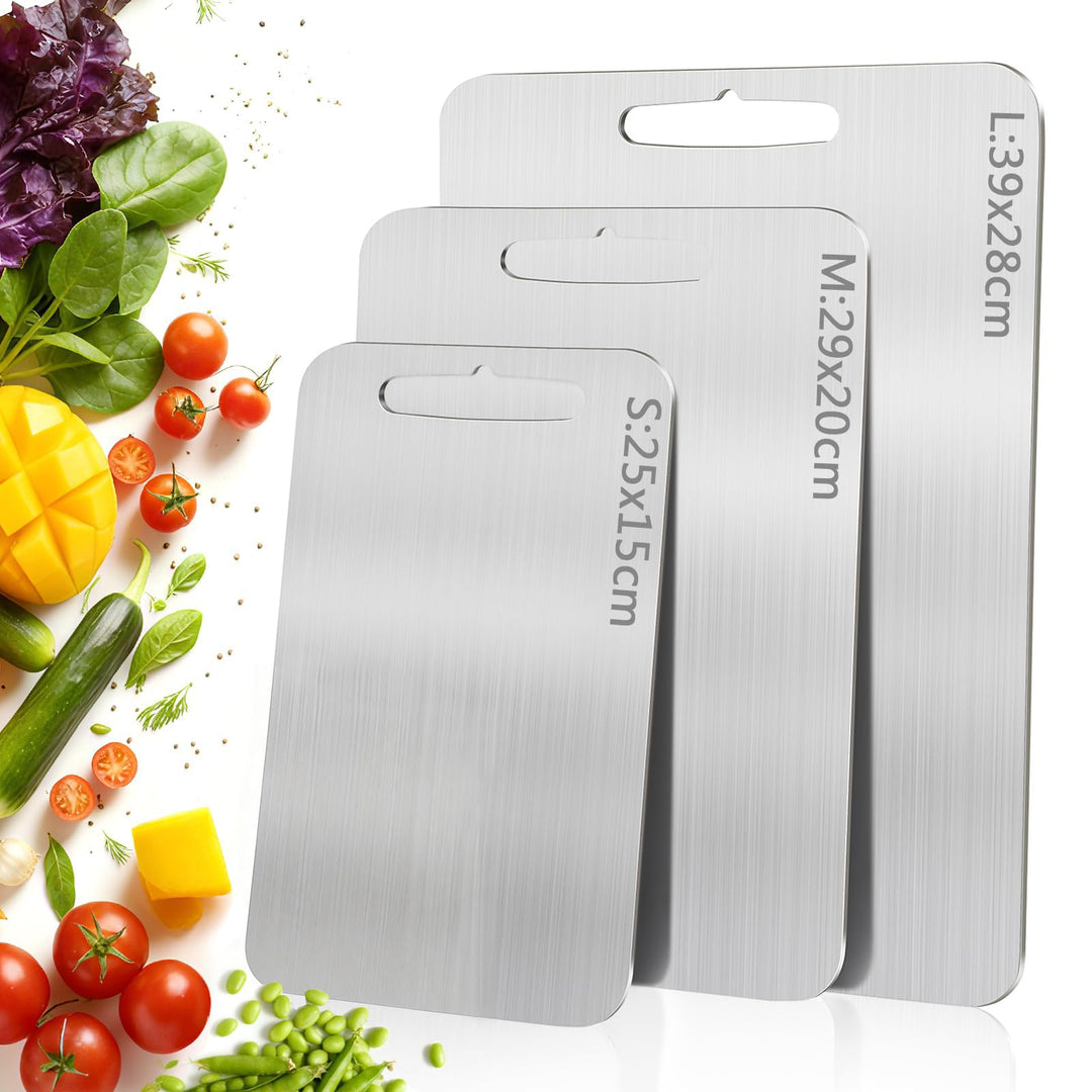 3 Stück Schneidebrett Edelstahl, Titan Schneidebrett, Doppelseitiges & Hygienisches Cutting Board, L