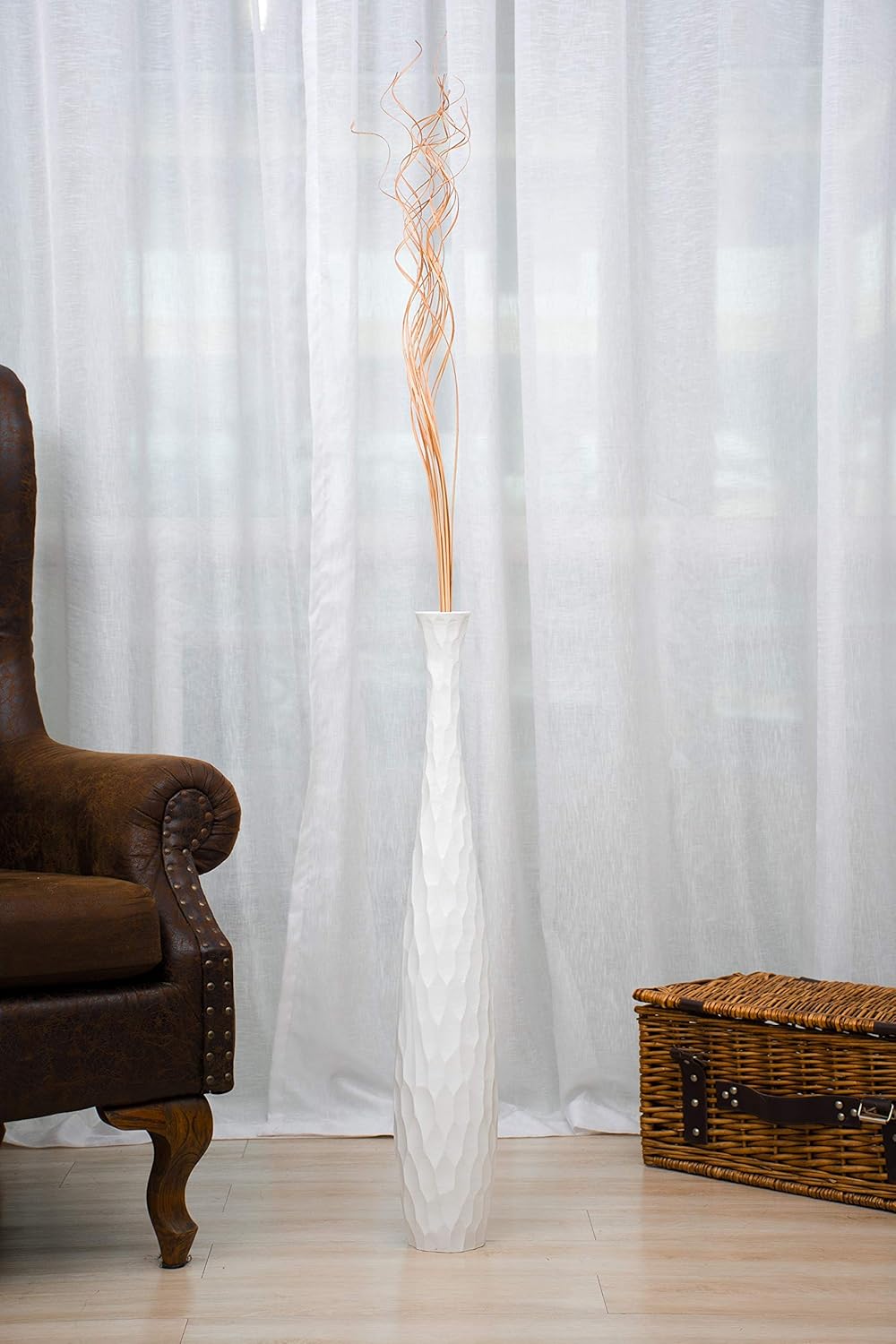 Leewadee Grosse Bodenvase für Dekozweige hohe Standvase Design Holzvase, Holz, 70 cm, Weiss 70 cm We
