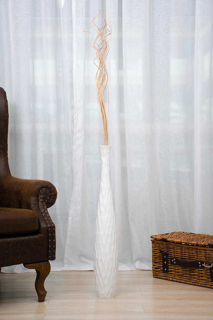 Leewadee Grosse Bodenvase für Dekozweige hohe Standvase Design Holzvase, Holz, 70 cm, Weiss 70 cm We