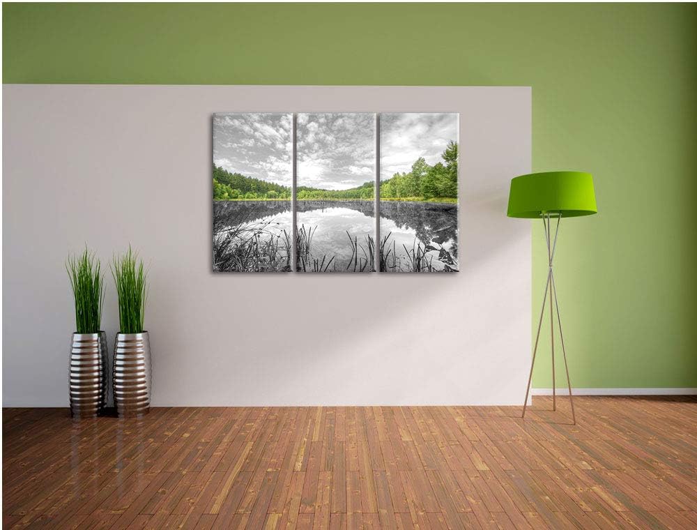 Pixxprint Traumhafter See in grünem Wald als Leinwandbild | Grösse: 3 Teilig (120x80) | Wandbild| Ku