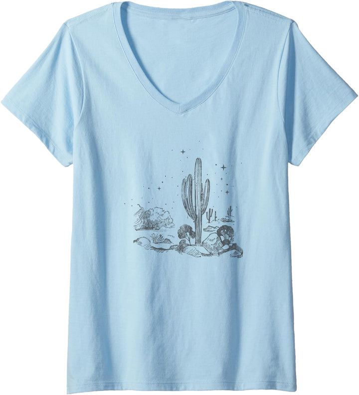 Damen Trendy Desert Stars Wander The West Desert Night Scene T-Shirt mit V-Ausschnitt