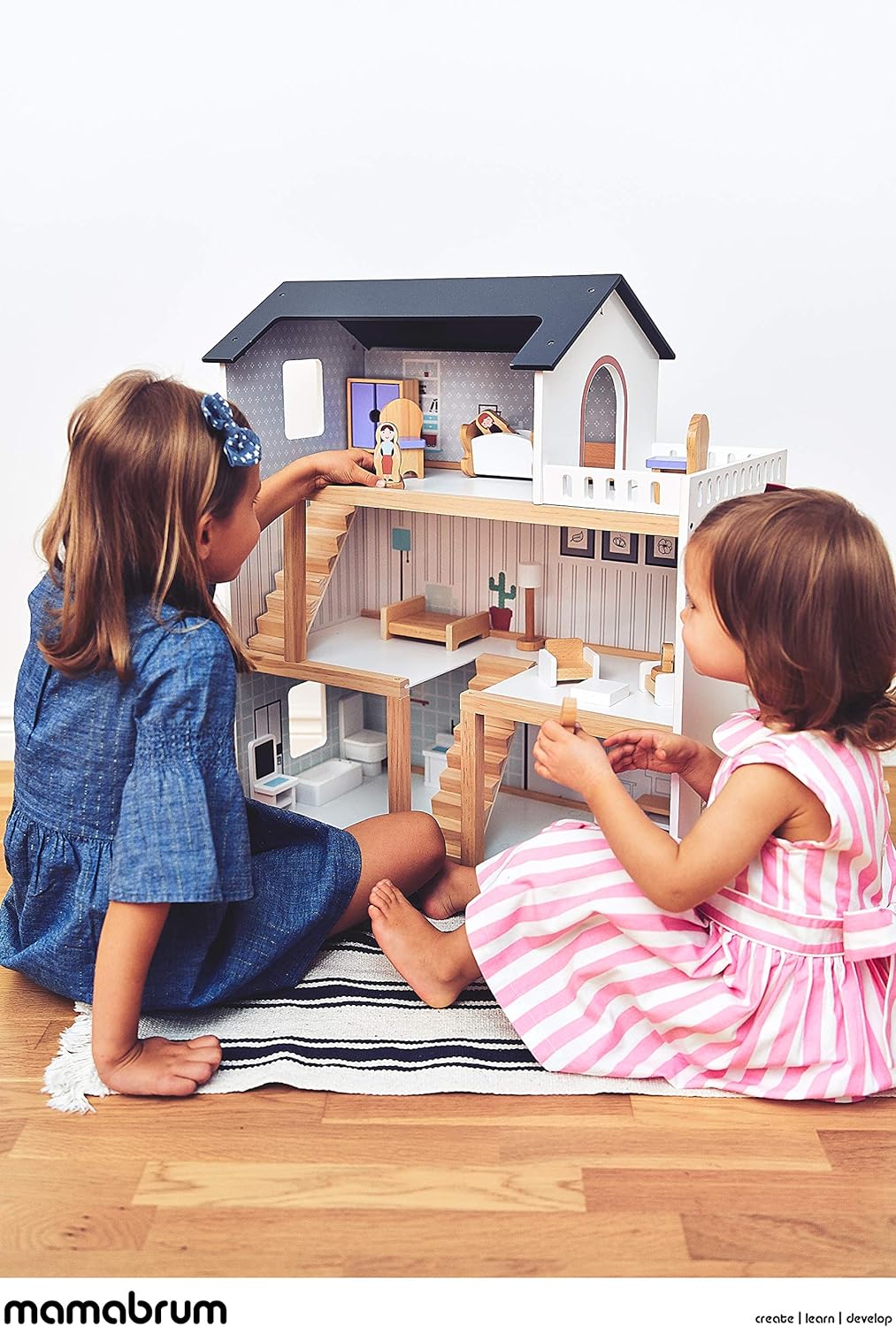 Mamabrum, Puppenhäus Aus Holz Mit Zubehör, Holzpuppenhaus mit Möbeln, Holztraumhaus mit Zubehör inkl