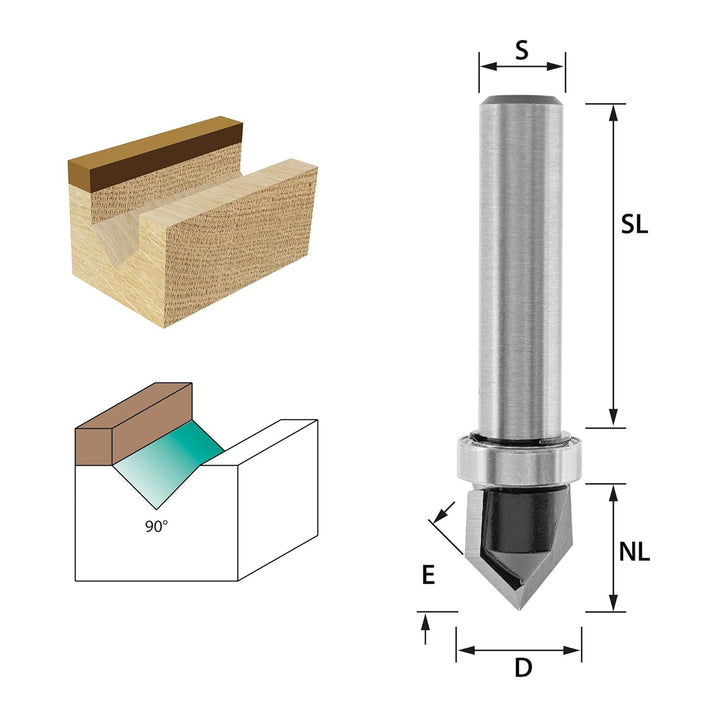 ENT 12180 V-Nutfräser und Schriftenfräser HW, Schaft (S) 8 mm, Durchmesser (D) 12 mm, NL 12 mm, E 90