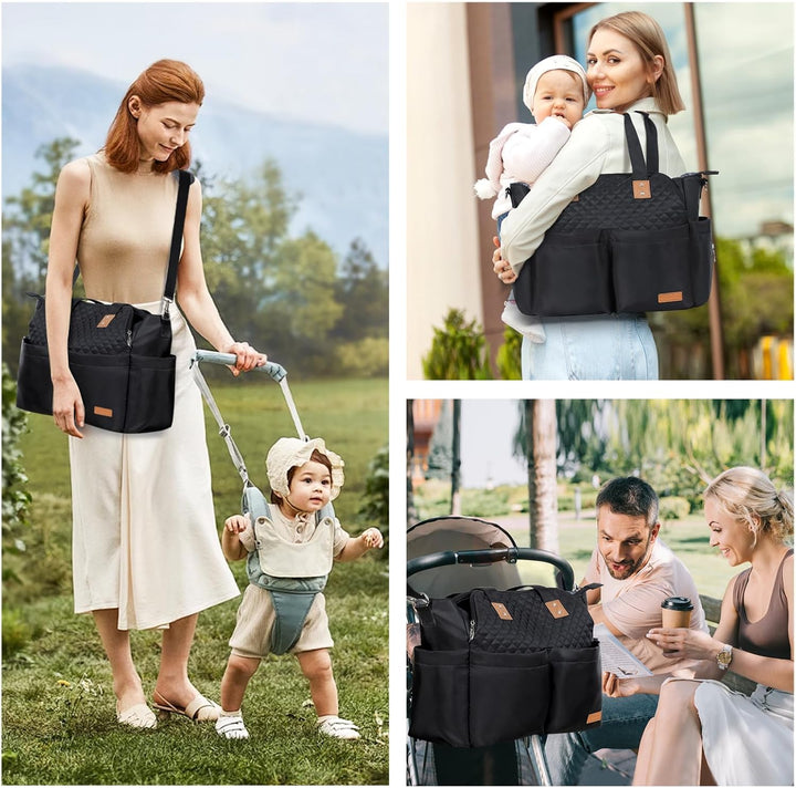 Lekebaby Baby Wickeltasche Bote gross mit Wickelunterlage für Reise Schwarz Gesteppt Schwarz Gestepp