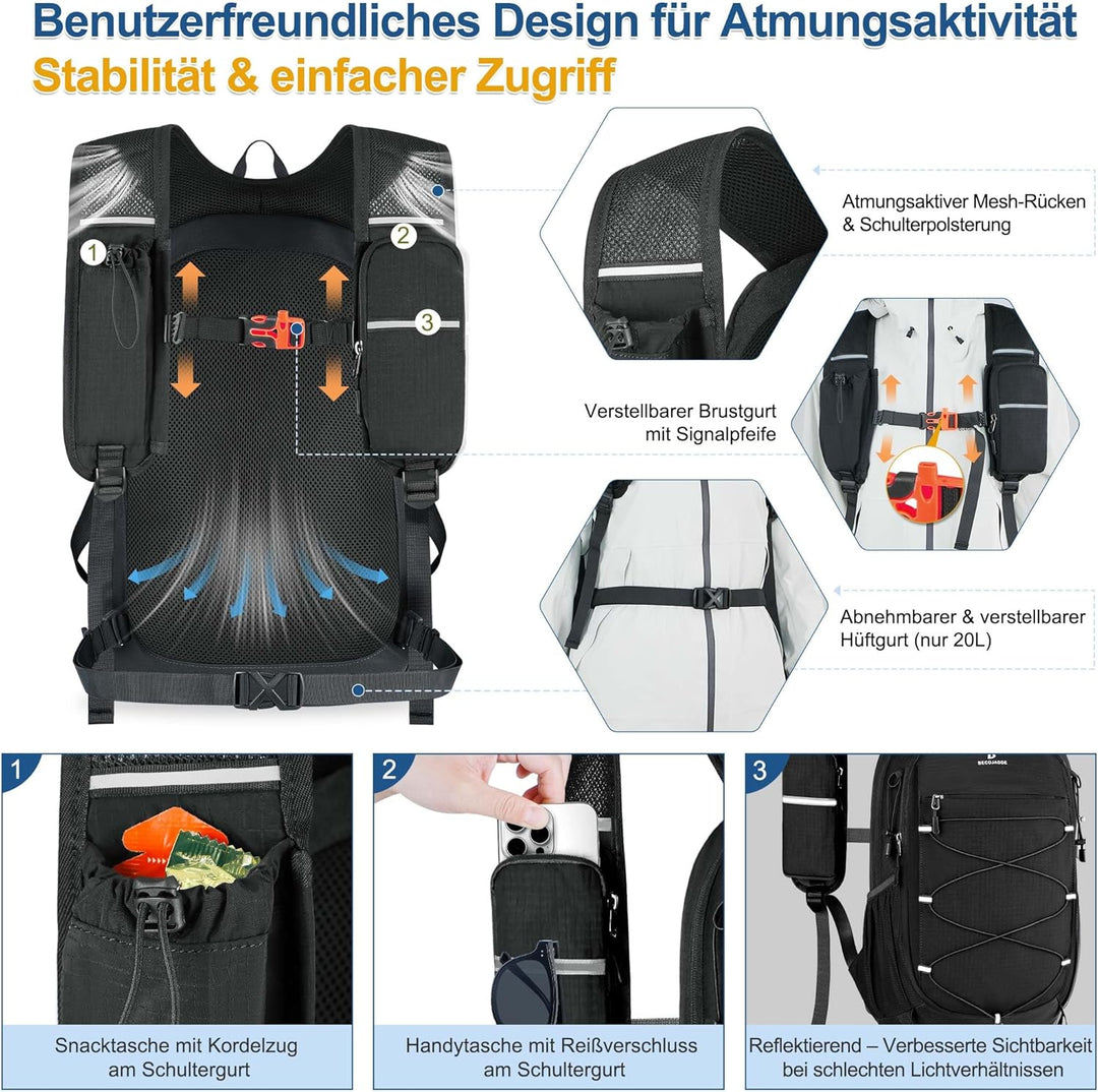 BECOJADDE 20L Kleiner Wanderrucksack Tagesrucksack Herren Damen Leichter Faltbarer Rucksack mit Brus