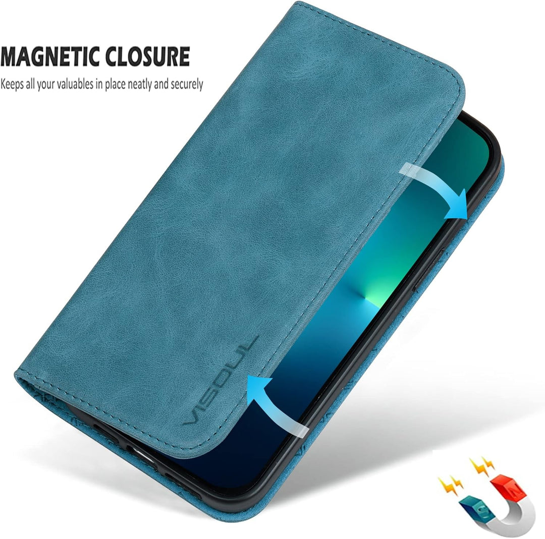 VISOUL Hülle für iPhone 13 Handyhülle Schutzhülle TPU [Erstklassiges Echtleder] [Kartenfach] [Magnet