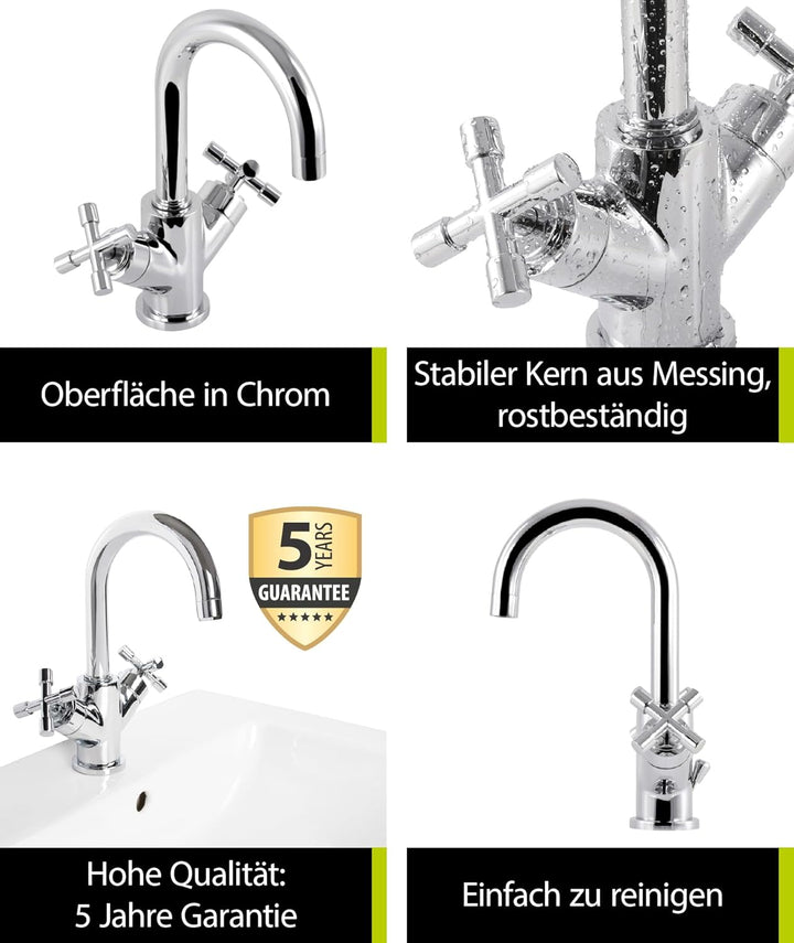 'aquaSu® Waschbeckenarmatur Sydney, Zweigriffmischer mit Wasserspar-Mischdüse, Vintage Waschtischarm